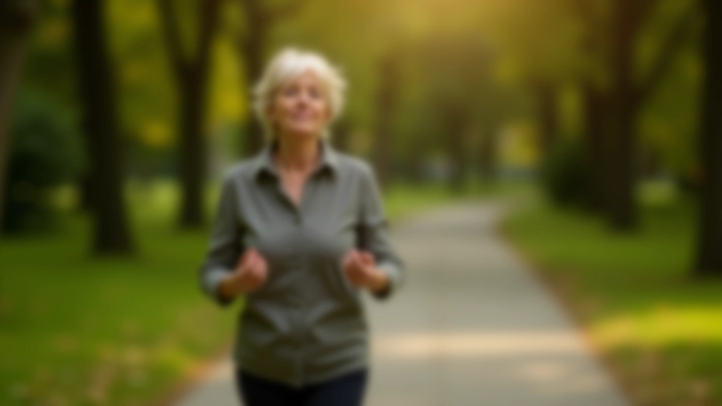 Sieviete meditē staigājot pa mierīgu parku ceļu, pusi aizvers acis, mierīga izteiksme
